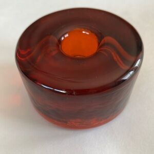 Vintage Blenko amber glass taper candle holder MCM round hockey puck 3”wide